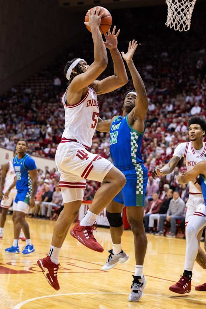 Indiana Hoosiers forward Malik Reneau (5) shoots against Florida Gulf Coast Eagles forward Keeshawn Kellman (32).
